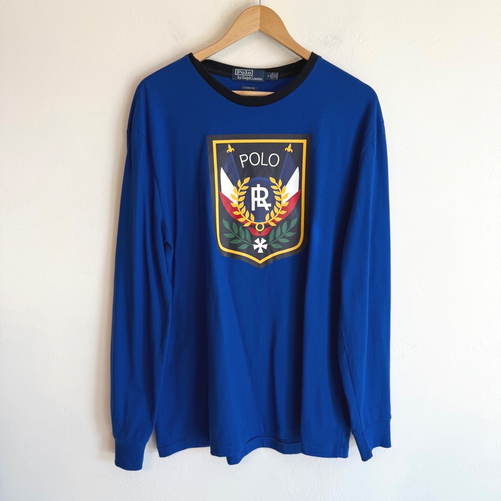 Polo Ralph Lauren Long Sleeve Shirt Mens M Blue Crest Graphic Preppy Collegiate